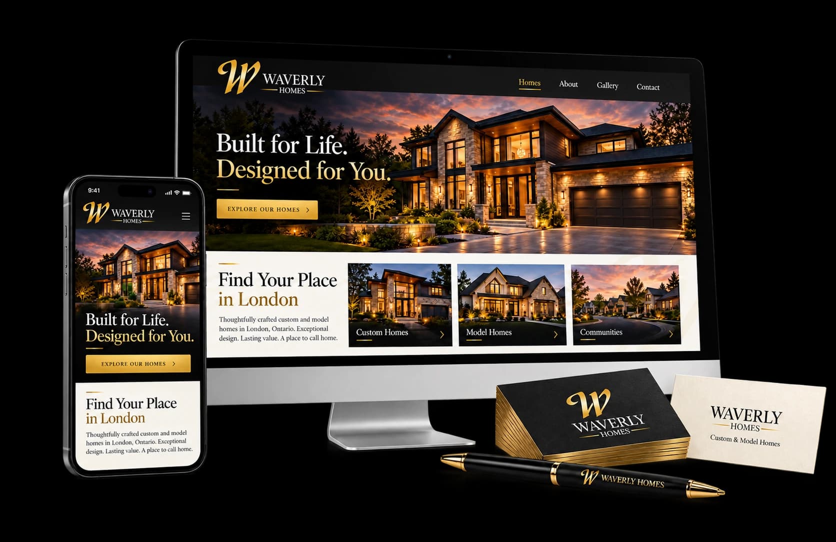 Waverly Homes desktop and mobile website mockups with business cards and a branded pen
