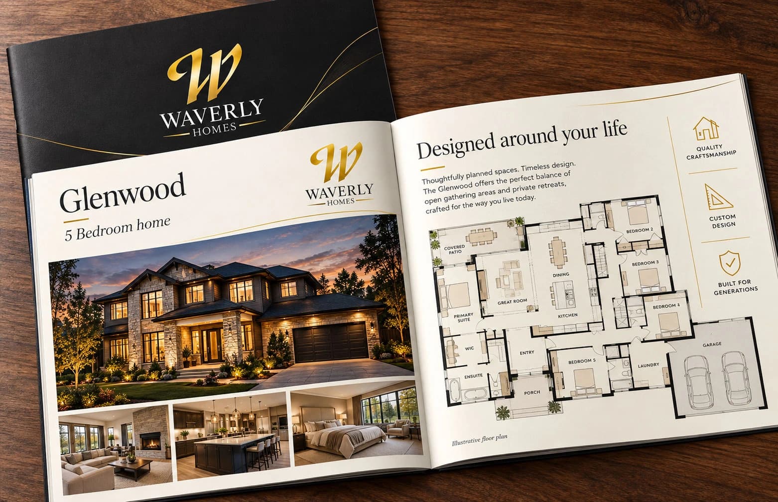 Open Waverly Homes Glenwood brochure featuring home photography and an illustrative floor plan