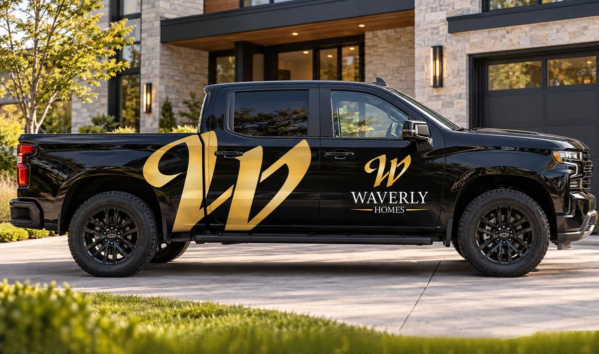 Black pickup truck mockup with gold Waverly Homes vehicle graphics