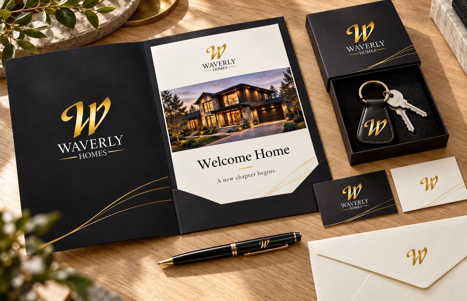 Waverly Homes welcome pack with presentation folder, welcome card, boxed keyring and stationery